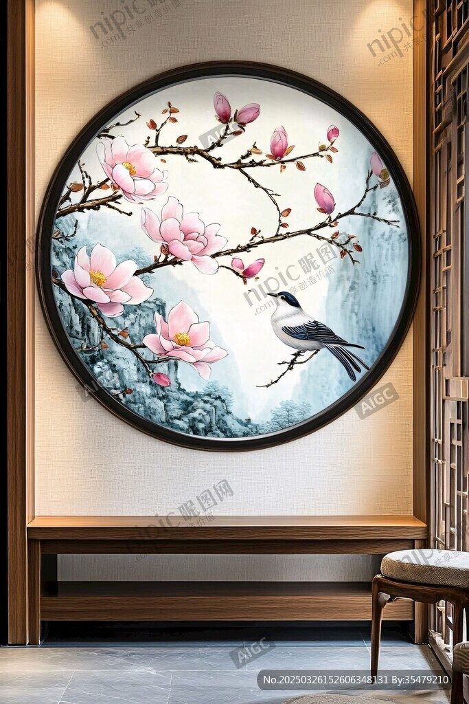 中式圓框玉蘭花鳥(niǎo)裝飾畫(huà)