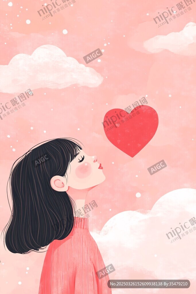 女孩輕吻愛心云朵相伴