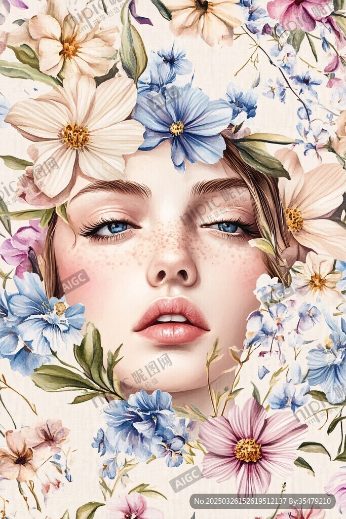 花簇中的夢幻少女容顏