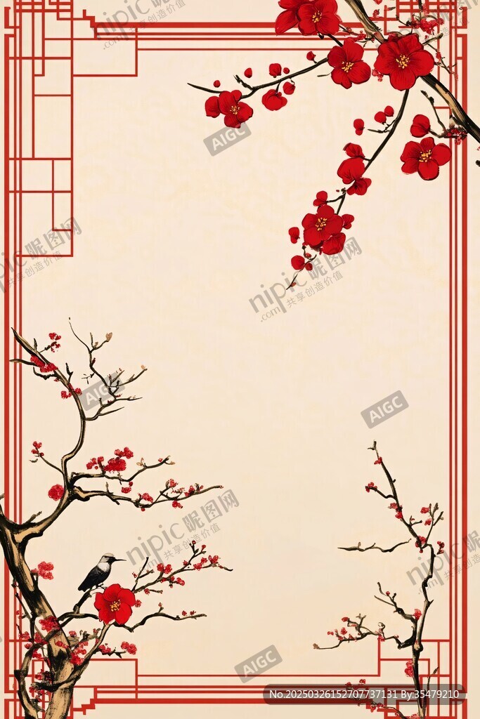 中式紅梅邊框古風(fēng)背景圖