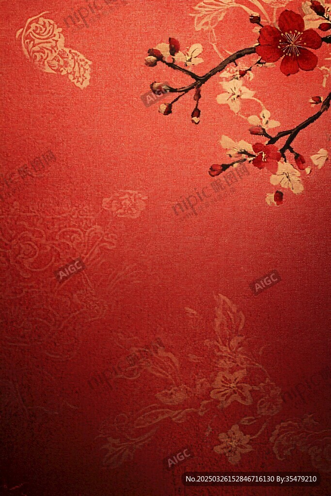 紅梅映紅底中式雅致圖