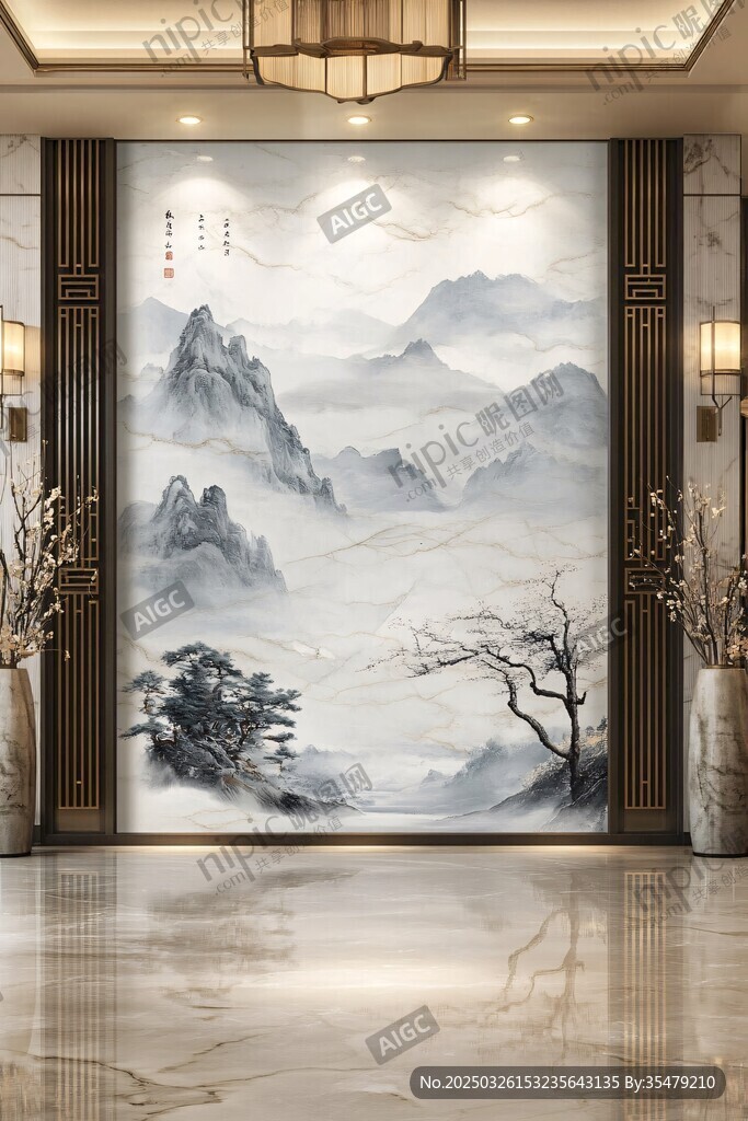 中式山水玄關(guān)壁畫裝飾