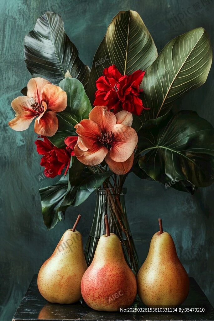 花瓶中花卉與三顆梨子