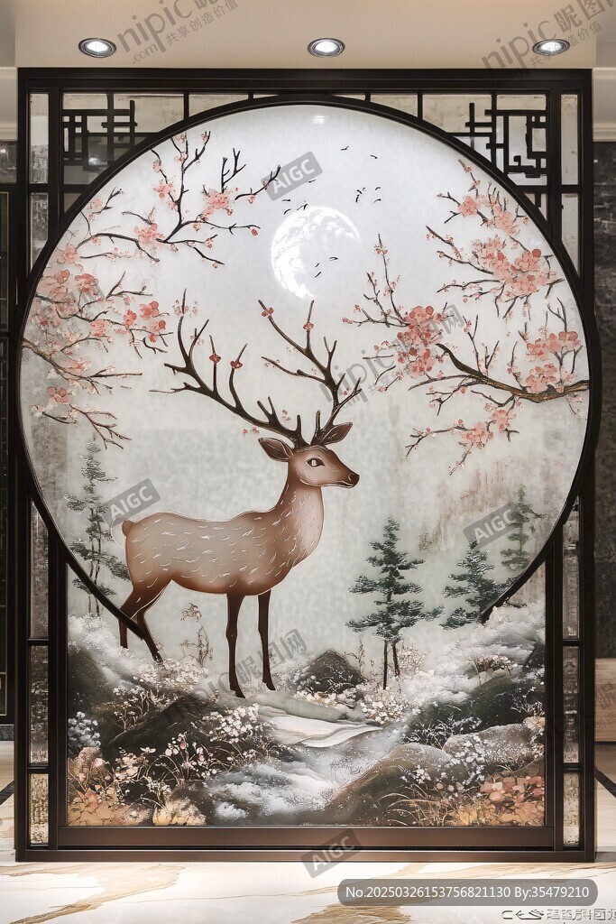 中式屏風(fēng)上的鹿與花鳥圖景