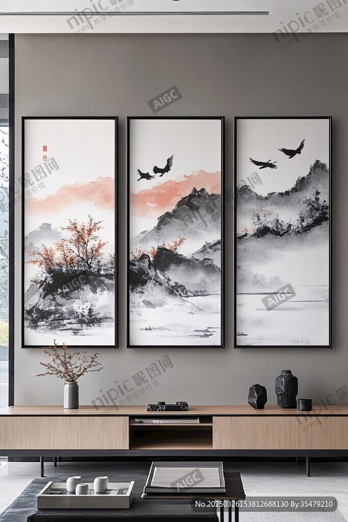 中式三聯(lián)山水墨畫裝飾墻