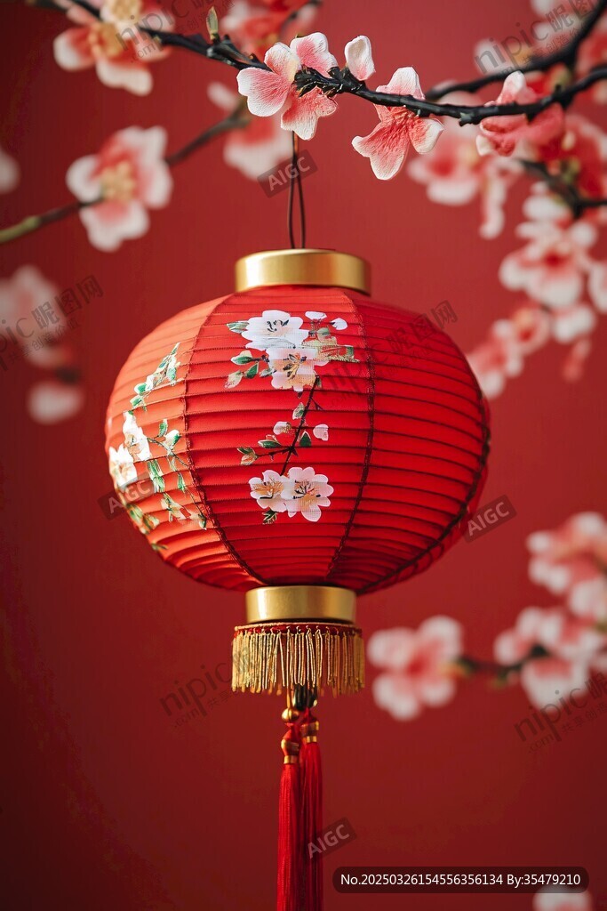 紅燈籠映粉花喜慶氛圍