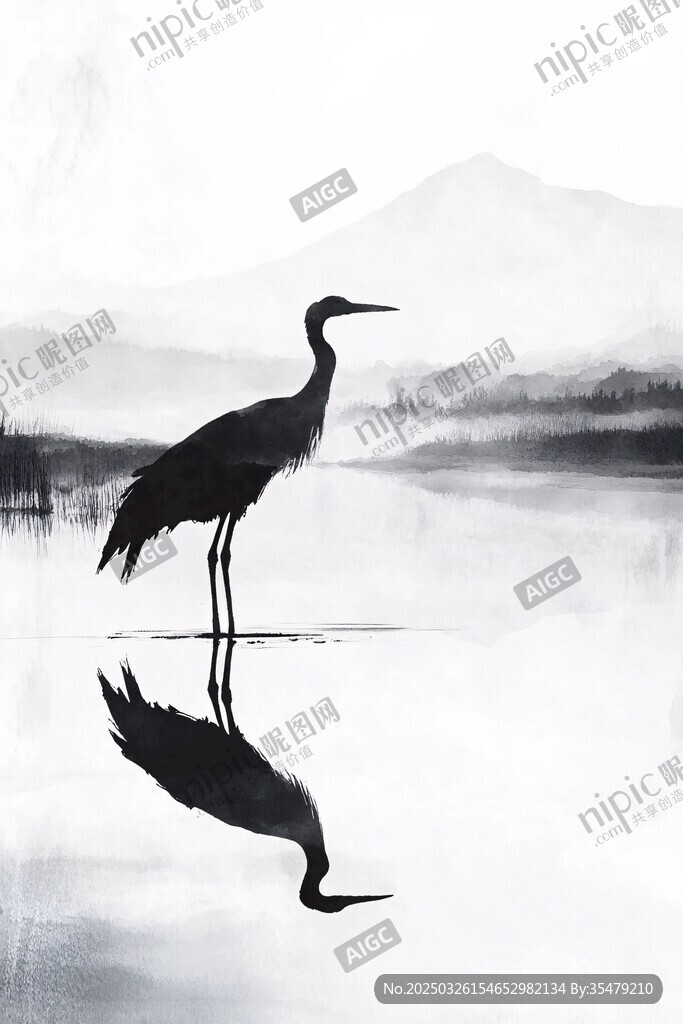 水墨湖畔單鶴獨立之景