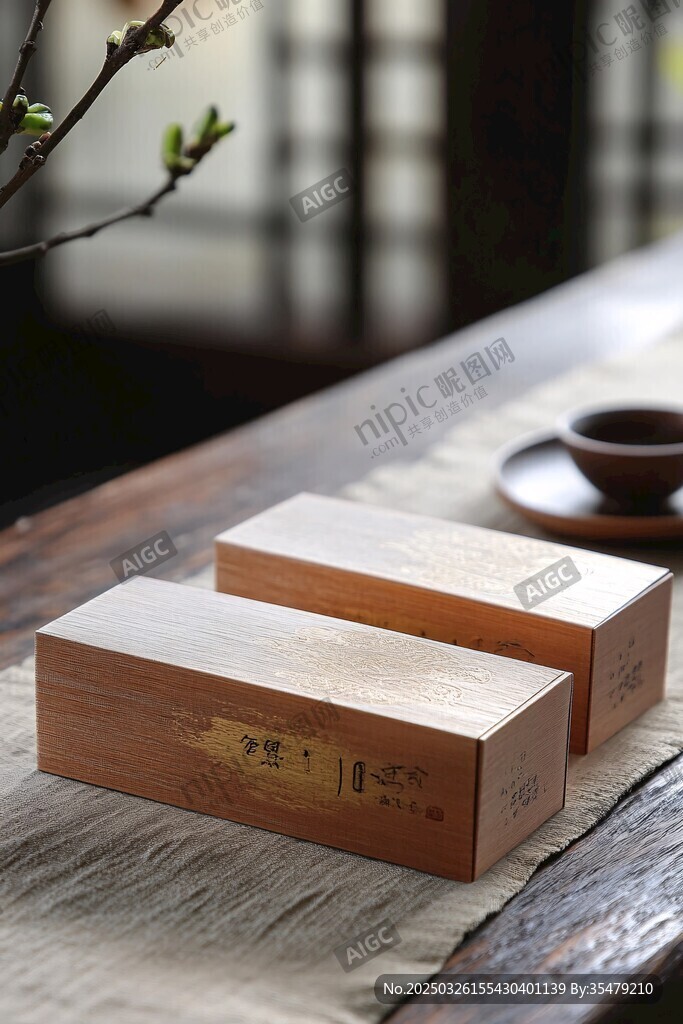 木質(zhì)茶盒擺于古樸桌案上