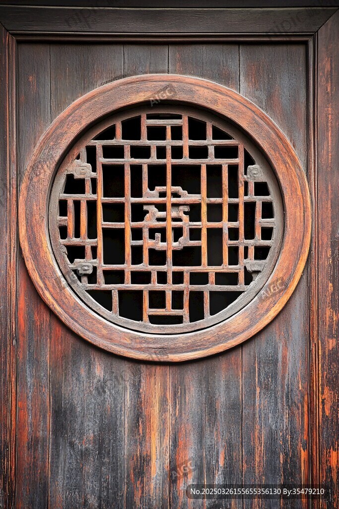 中式古木門(mén)圓形雕花窗