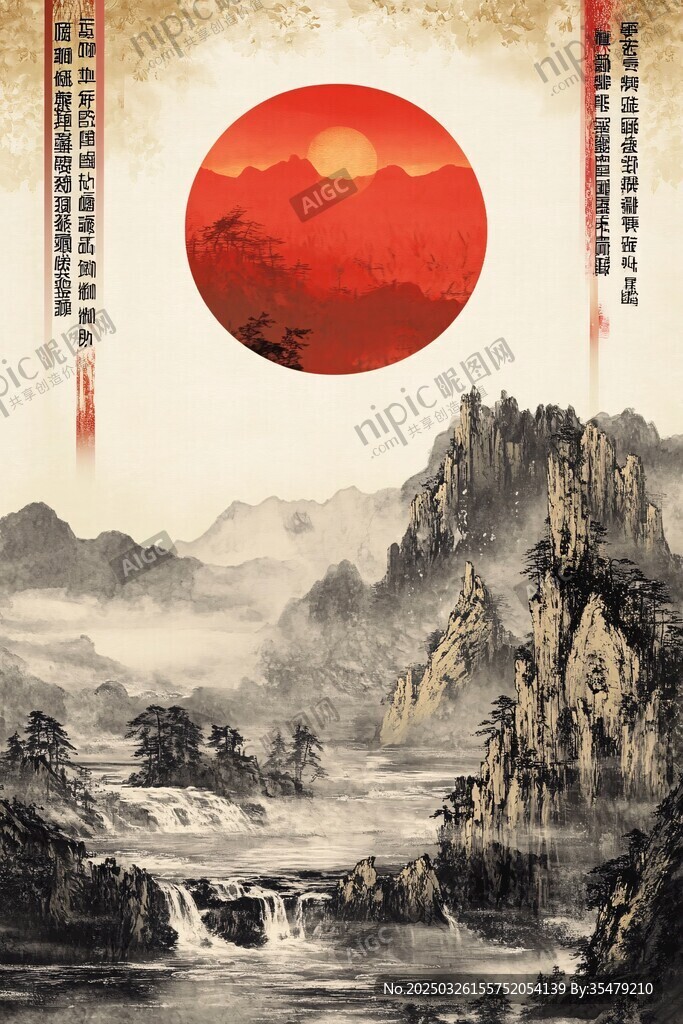紅日映山川國(guó)畫風(fēng)景圖