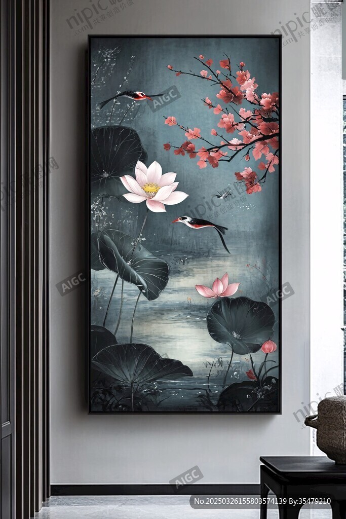 中式花鳥荷花玄關(guān)裝飾畫