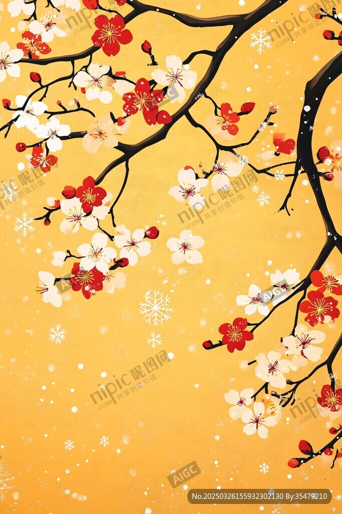 金色背景下的爛漫梅花圖
