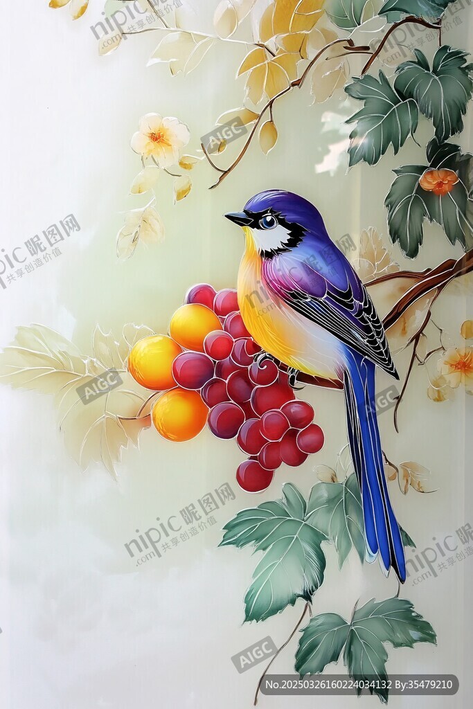 花鳥圖 彩鳥棲于碩果枝頭