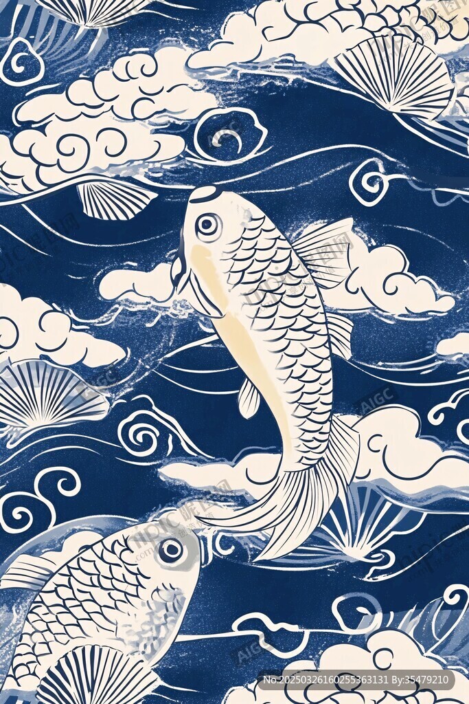 錦鯉云海中式紋樣圖案