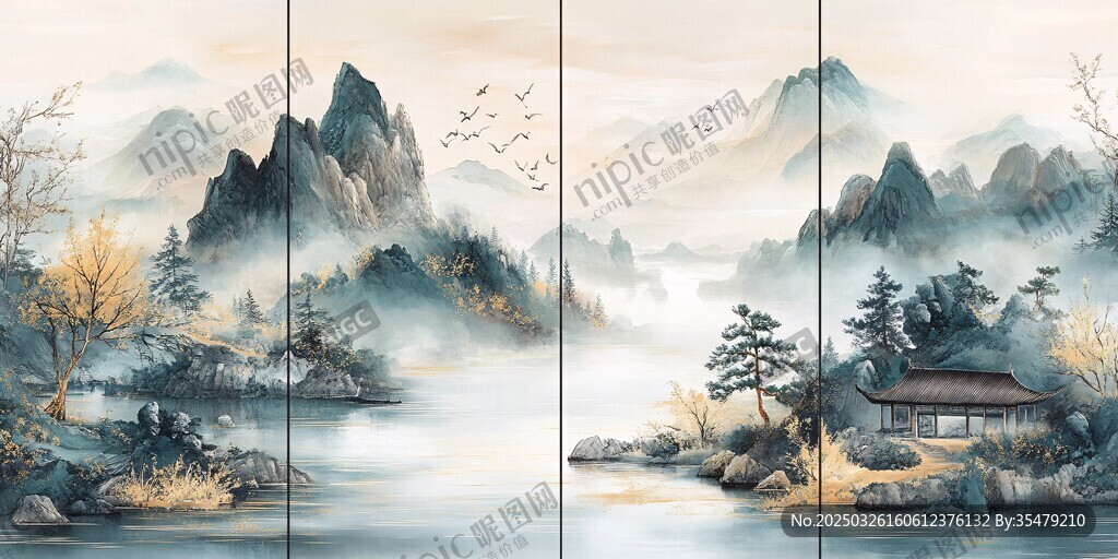 中式山水意境四聯(lián)裝飾畫