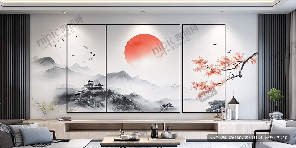 中式客廳山水紅日裝飾畫