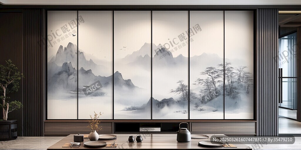 中式山水意境茶室移門