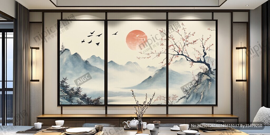 中式客廳山水掛畫雅致空間
