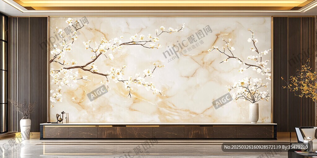 中式大理石梅花背景墻