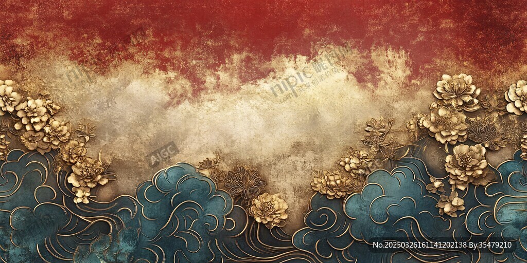 中式古風金紅祥云花卉背景