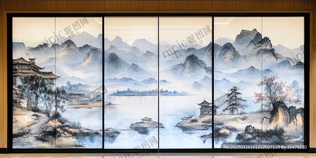 中式山水屏風(fēng)畫