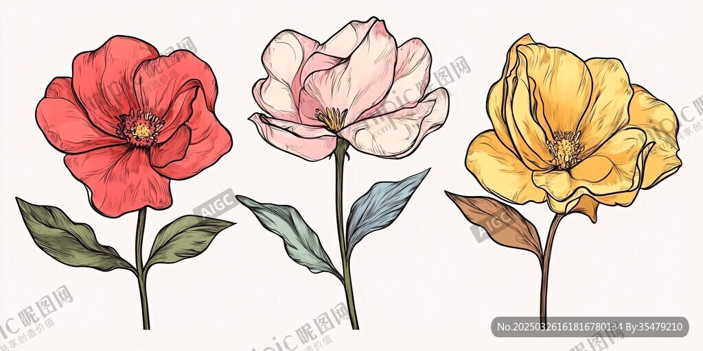 三朵手繪花卉插畫