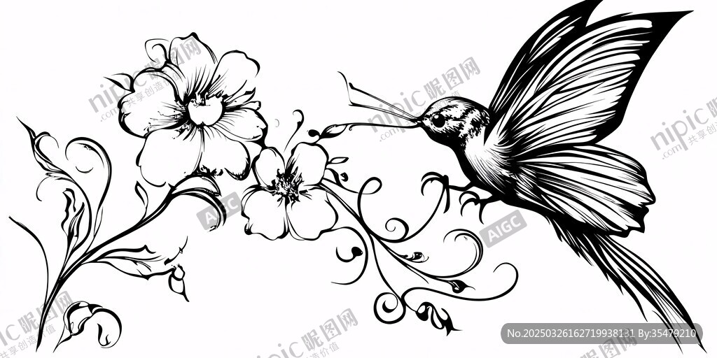 蜂鳥戲花黑白插畫