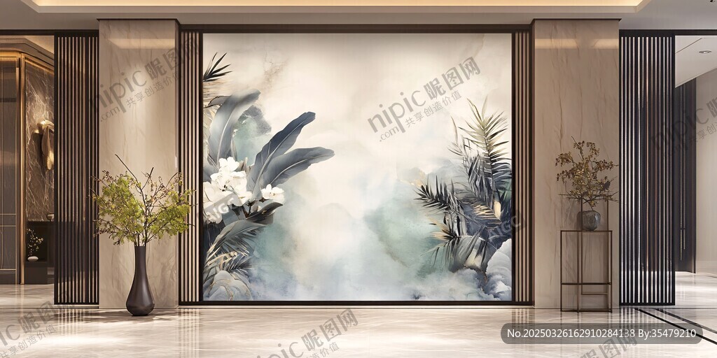 中式客廳水墨風(fēng)花卉背景墻
