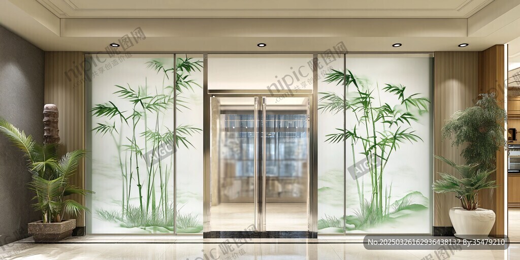 中式玻璃門飾翠竹雅致空間