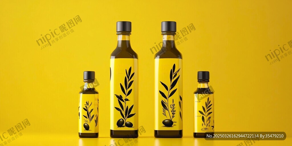 四瓶橄欖油擺放在黃色背景中