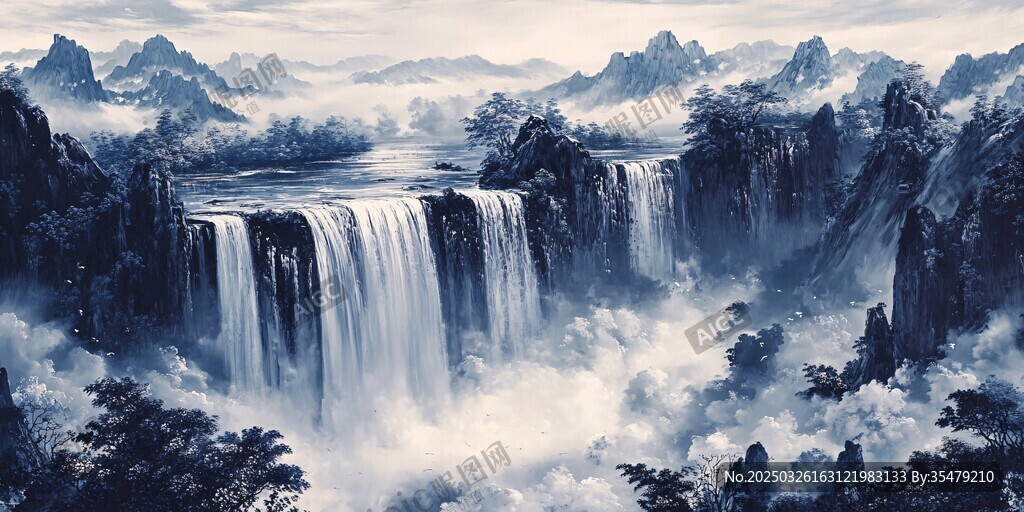 水墨山水間的磅礴瀑布