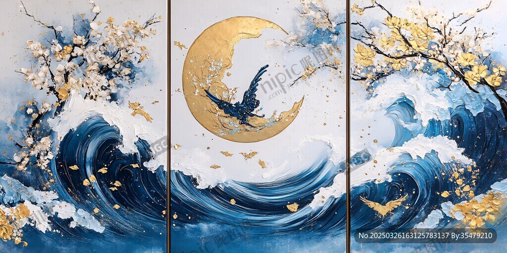 金月飛鳥(niǎo)踏浪中式藝術(shù)畫(huà)