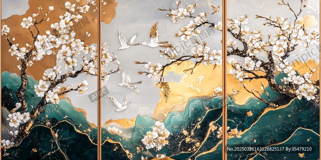 花鳥山水中式屏風畫作