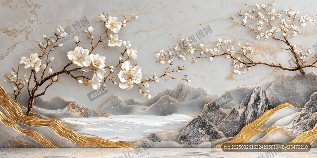 玉蘭花山水立體背景墻
