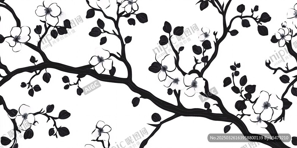 黑白花卉枝條圖案設(shè)計(jì)