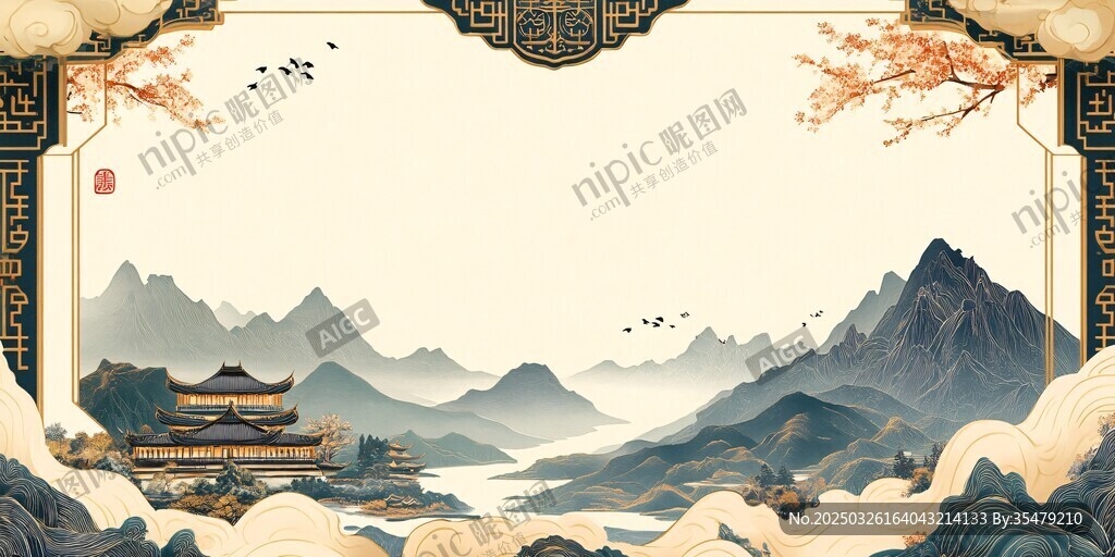 中式山水古風(fēng)邊框背景圖