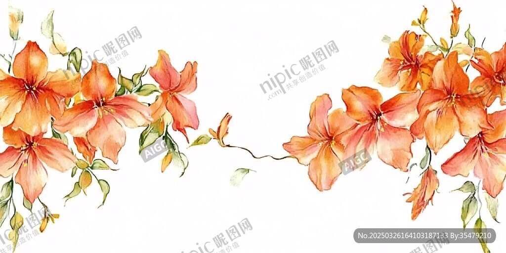 橙色花卉邊框水彩插畫