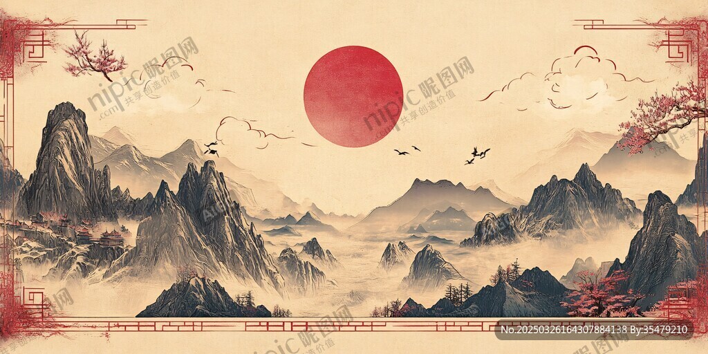 中式山水紅日意境風光圖