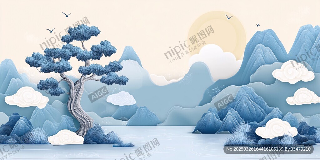 水墨山水間的孤松美景