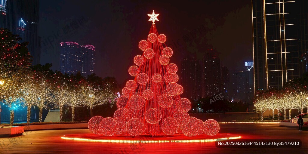 璀璨紅色圣誕樹夜景