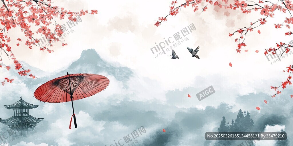 古風煙雨景 紅傘飛鳥相伴
