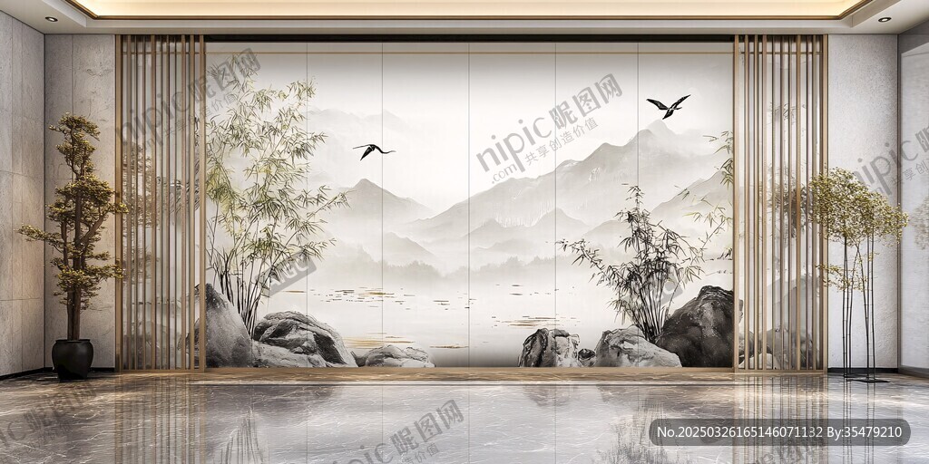 中式山水風(fēng)客廳背景墻