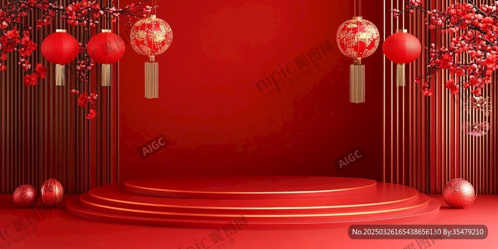 中式喜慶紅色舞臺場景