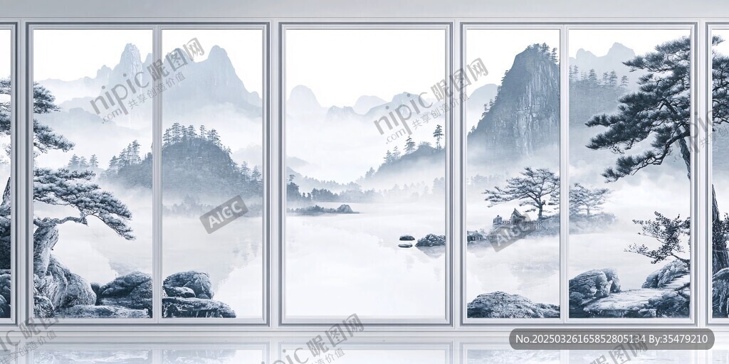 中式水墨山水窗景意境圖