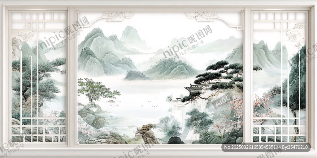 中式山水窗景意境圖