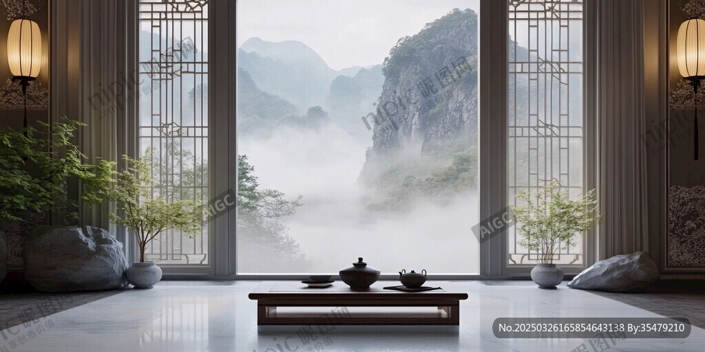 中式茶室窗外山水詩(shī)意景