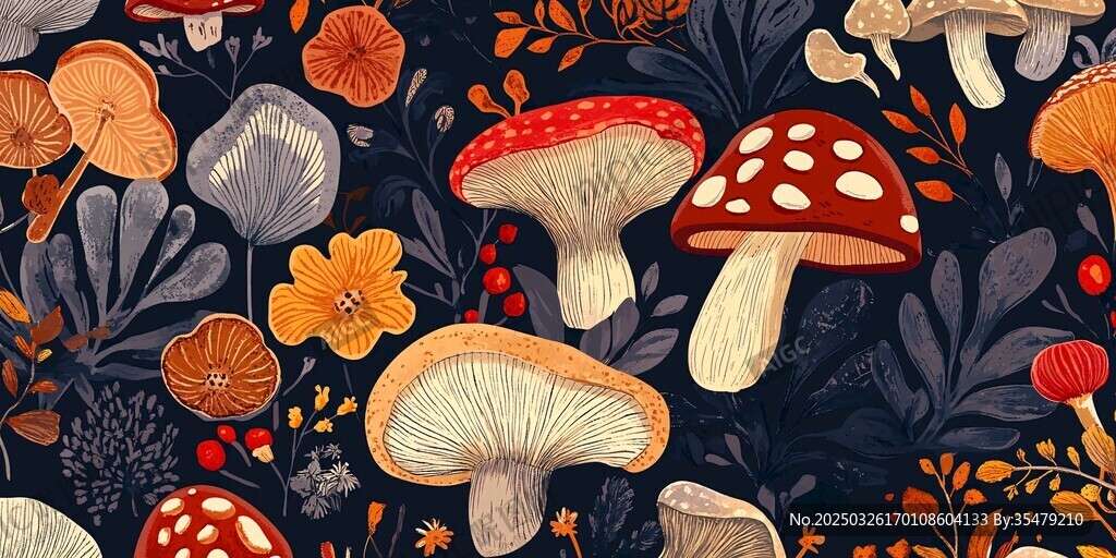 夢幻森林蘑菇花卉插畫