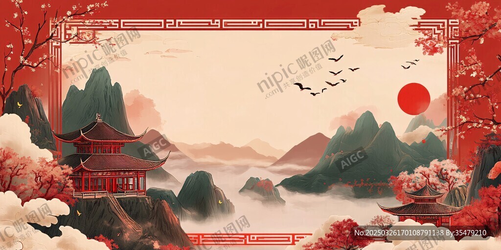 古風(fēng)中式山水樓閣風(fēng)景圖