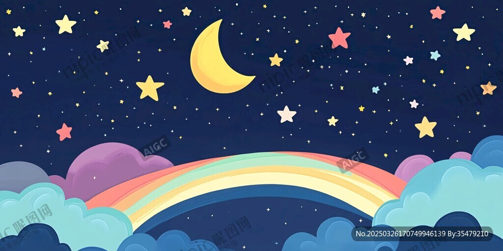 夢幻夜空下的彩虹與星月