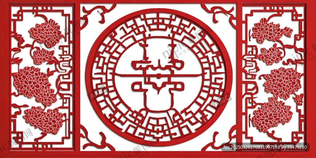 中式傳統(tǒng)紅色雕花窗欞圖案
